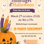 Halloween s&rsquo;invite à la bibliothèque – Atelier coloriage d&rsquo;Halloween – 27 octobre 2026 de 16h à 17h